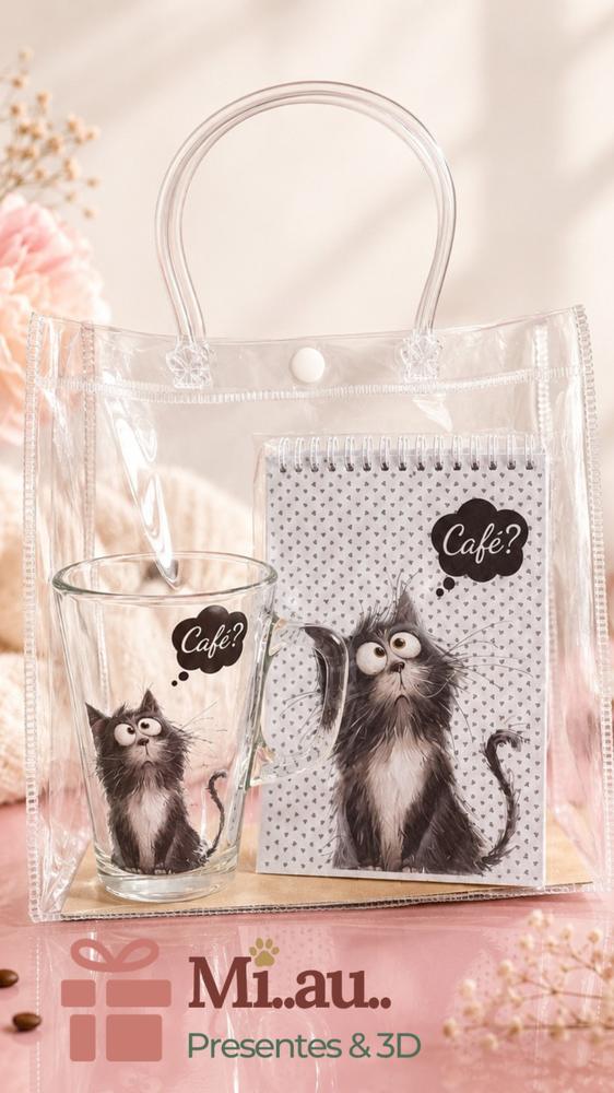 Kit café com copo, caneca e bloquinho do gatinho rabugento