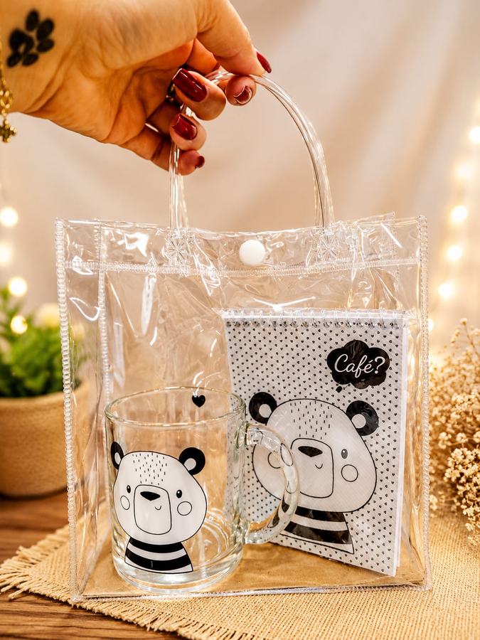 Kit café panda em sacola transparente, com caneca e caderninho